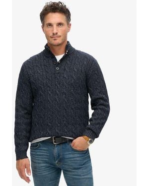 Superdry Classic Cable Knit Button Neck Jumper - Blue