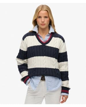 Superdry Stripe Oversized Cable V Neck Jumper - Blue