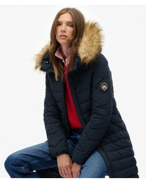 Superdry Fuji Faux Fur Hooded Mid Length Coat - Blue