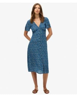 Superdry Printed Button-up Short Sleeve Midi Tea Dress - Blue