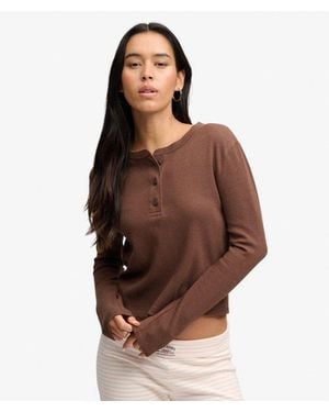 Superdry & Co Athletic Essential Waffle Button Long Sleeve Top - Brown