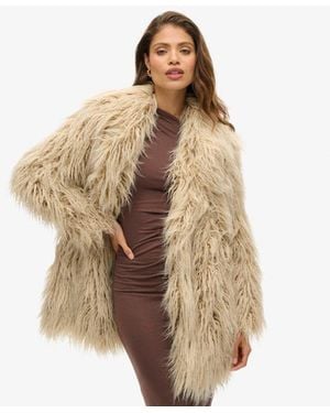 Superdry Mid Length Faux Fur Coat - Brown