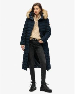 Superdry Fuji Faux Fur Hooded Longline Jacket - Blue