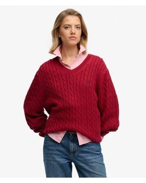 Superdry & Co Oversized V Neck Cable Sweater - Red
