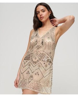 Superdry & Co Loose Fit Embellished V Neck Mini Dress - Natural