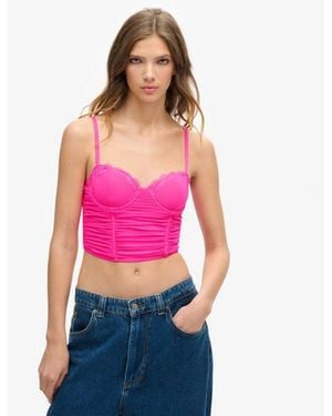 Superdry Lace Ruched Mesh Crop Corset Top - Pink