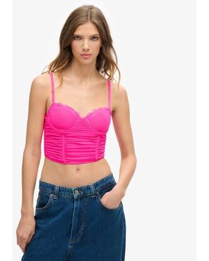Superdry Lace Ruched Mesh Crop Corset Top - Pink