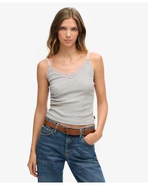 Superdry & Co Ladies Organic Cotton Vintage Rib Lace Trim Cami Top - Blue