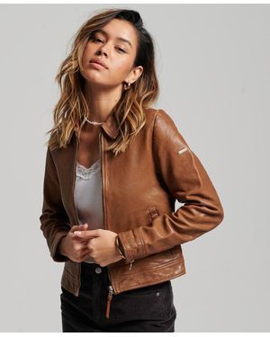 Superdry Studios Downtown Leather Jacket Tan - Brown