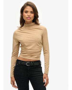 Superdry & Co Long Sleeve Ruched Mock Neck Top - Natural