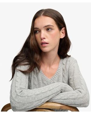 Superdry & Co Wool Blend Cable V Neck Jumper - Grey