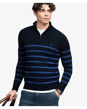 Superdry Homme Pull Rayé Demi-Zip Coupe Ajustée Taille - Bleu
