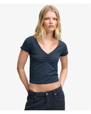 Superdry Gathered V-neck Crop T-shirt Slanke Pasvorm - Blauw