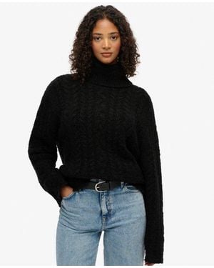 Superdry Kabeltrui Met Rolkraag - Zwart