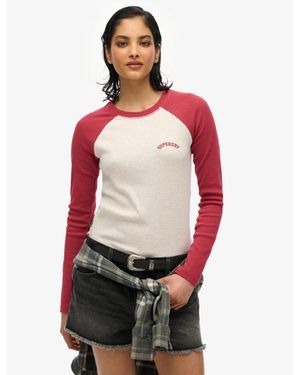 Superdry & Co Essential Logo Ribbed Baseball Long Sleeve Top - Red