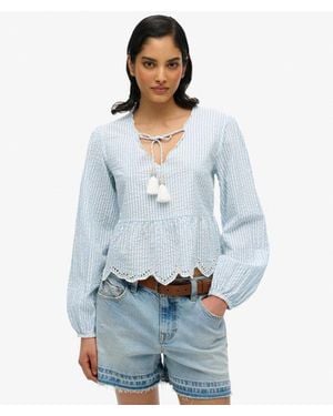 Superdry Broderie Long Sleeve Blouse - Blue