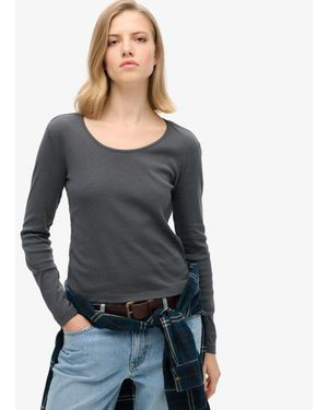 Superdry Fine Rib Scoop Neck Long Sleeve Top - Grey