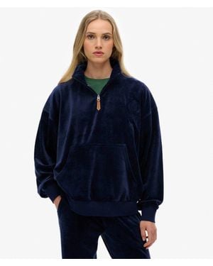 Superdry & Co Country Club Velour Quarter Zip - Blue