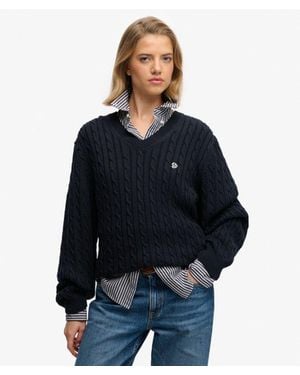 Superdry & Co Oversized V Neck Cable Jumper - Blue