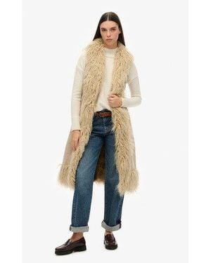 Superdry Faux Fur Afghan Long Gilet - Natural