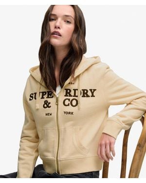 Superdry & Co Athletic Essentials Embroidered Cropped Zip Hoodie - Natural