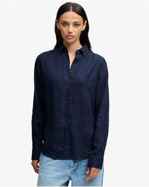 Superdry Premium Linen Button Down Slim Shirt - Blue