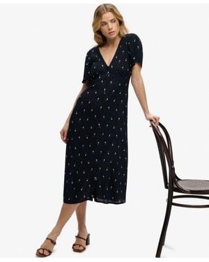 Superdry Printed Button Short Sleeve Midi Tea Dress - Black