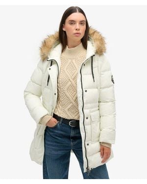Superdry Everest Classic Mid Faux Fur Puffer Coat - Natural