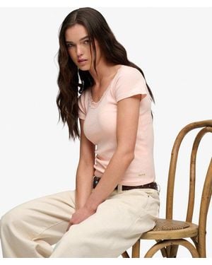 Superdry & Co Athletic Essential Lace Trim V-neck T-shirt - Natural
