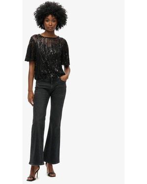 Superdry Sheer Short Sleeve Sequin Top - Size: 8 - Black