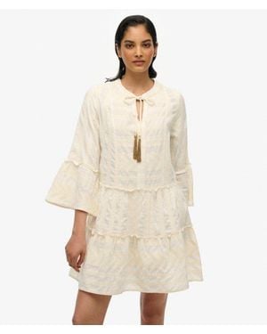 Superdry & Co Ibiza Long Sleeve Tiered Mini Dress - Natural