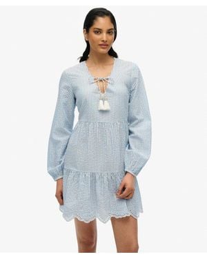 Superdry Cotton Broderie Tiered Mini Dress - Blue