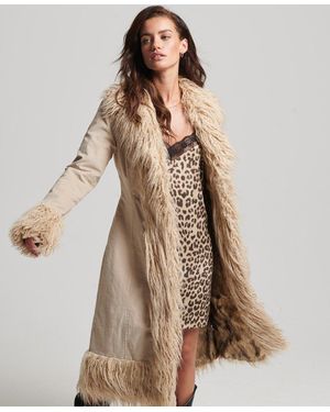 Superdry Faux Fur Lined Longline Afghan Coat - Brown