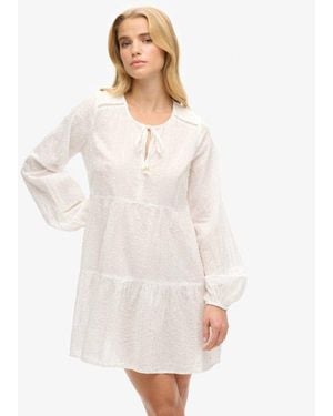 Superdry Cotton Lace Trim Ibiza Long Sleeve Tiered Sparkle Mini Dress - White