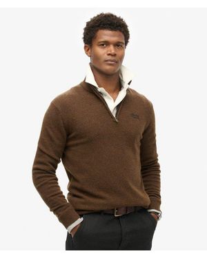 Superdry Essential Embroidered Knitted Half Zip Jumper - Brown
