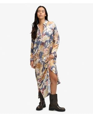 Superdry Femme Robe Chemise Maxi Florale Satin Coupe Overtaille Taille - Blanc
