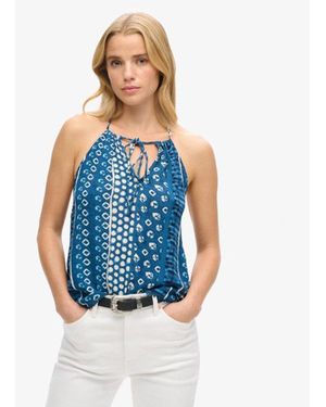 Superdry Printed Beach Halter Top - Size: 16 - Blue