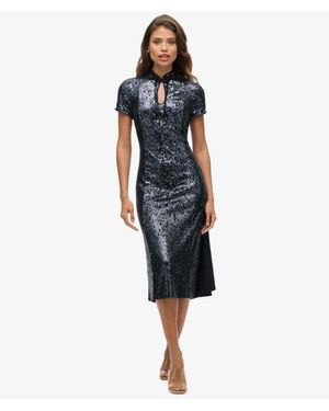 Superdry Fully Lined Sequin Mandarin Midi Dress - Blue