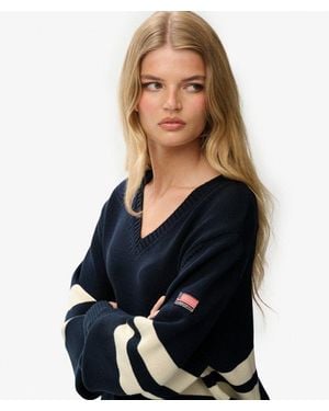 Superdry & Co Oversized Striped V-neck Jumper - Blue