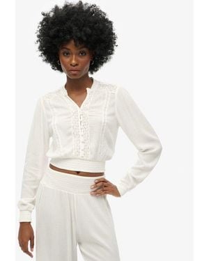 Superdry & Co Long Sleeve Lace Trim Smocked Blouse - White