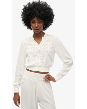Superdry Long Sleeve Lace Trim Smocked Blouse - White