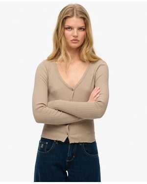 Superdry Essential Button Long Sleeve Top - Natural