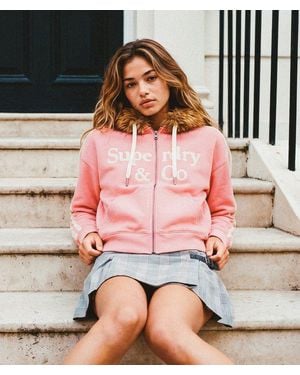 Superdry Vintage Fur Applique Hoodie Met Rits Oversized Pasvorm - Roze