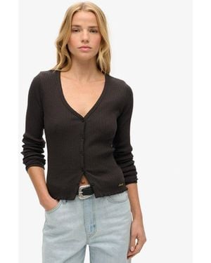 Superdry Ladies Slim Fit Ribbed Essential Button Through Long Sleeve Top - Black