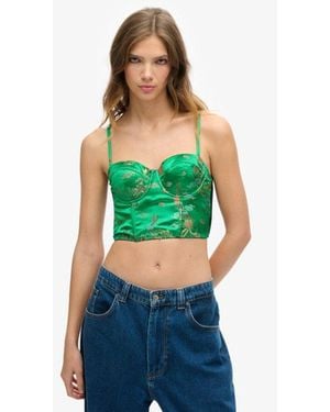 Superdry & Co Embroidered Satin Brocade Crop Corset Top - Green