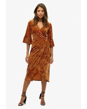 Superdry Short Sleeve Velvet Wrap Midi Dress - Brown