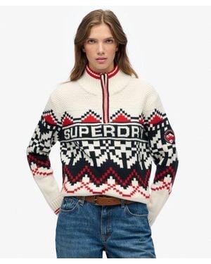 Superdry Intarsia Trui Met Halve Rits - Naturel