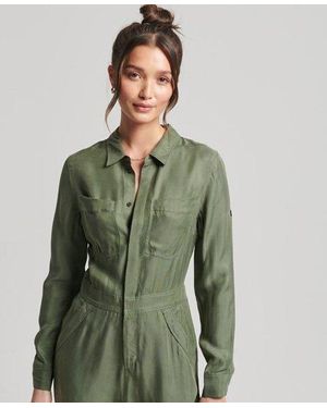 Superdry Cupro Long Sleeved Shirt Jumpsuit - Green