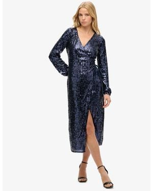 Superdry & Co Slim Fit Long Sleeve Sequin Wrap Maxi Dress - Blue