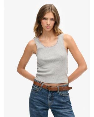Superdry & Co Ladies Organic Cotton Vintage Lace Trim Vest Top - Grey